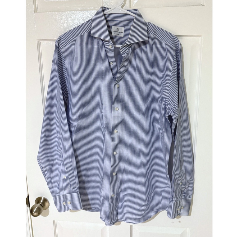 Emanuel Berg Mens Blue White Striped Modern Fit‎ Dress Shirt Size 16.5 L Poland